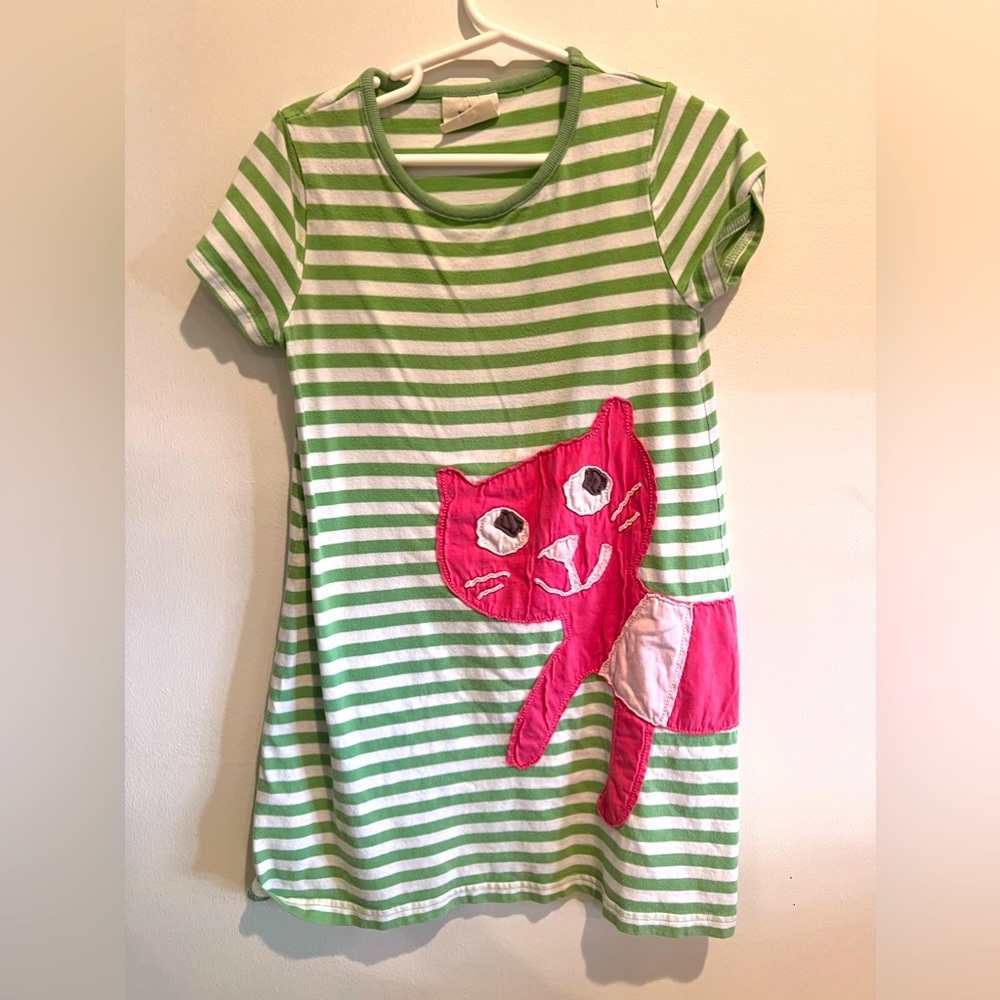 Mini Biden night gown pj size 5-6y green and white stripe with pink cat